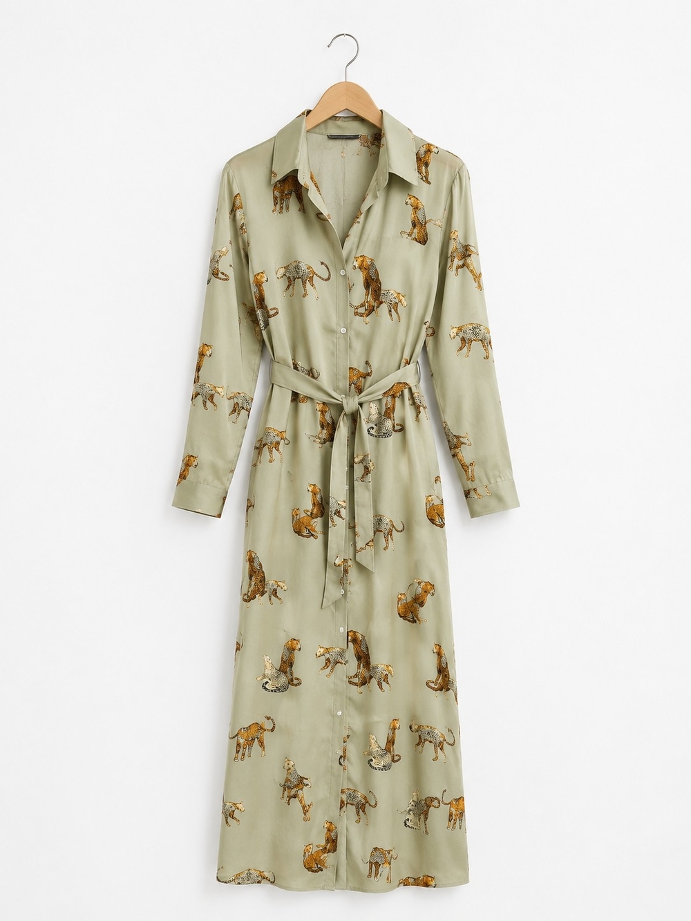 Button-Front Shirt Dress with Cheetah Print - Sage Green